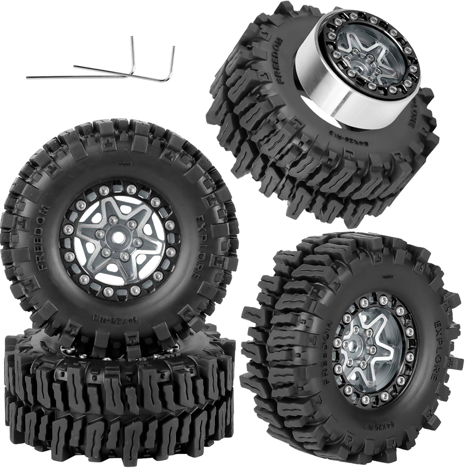 1.3 Beadlock Aluminum Alloy Wheels Rims & Tires Set with Foam Inserts for 1/18 TRX4M Ascent-18 1/24 SCX24 FCX24 RC Crawler Upgrade Parts,RCarmubWow 1.3 rc Wheels and Tires,4pcs,Titanium