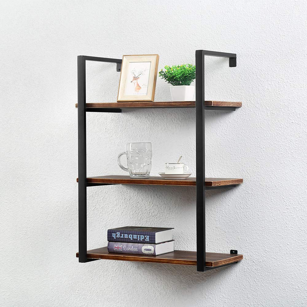 GWH Rustic Metal and Wood Wall Shelf Unit 3 Tier,Farmhouse Floating