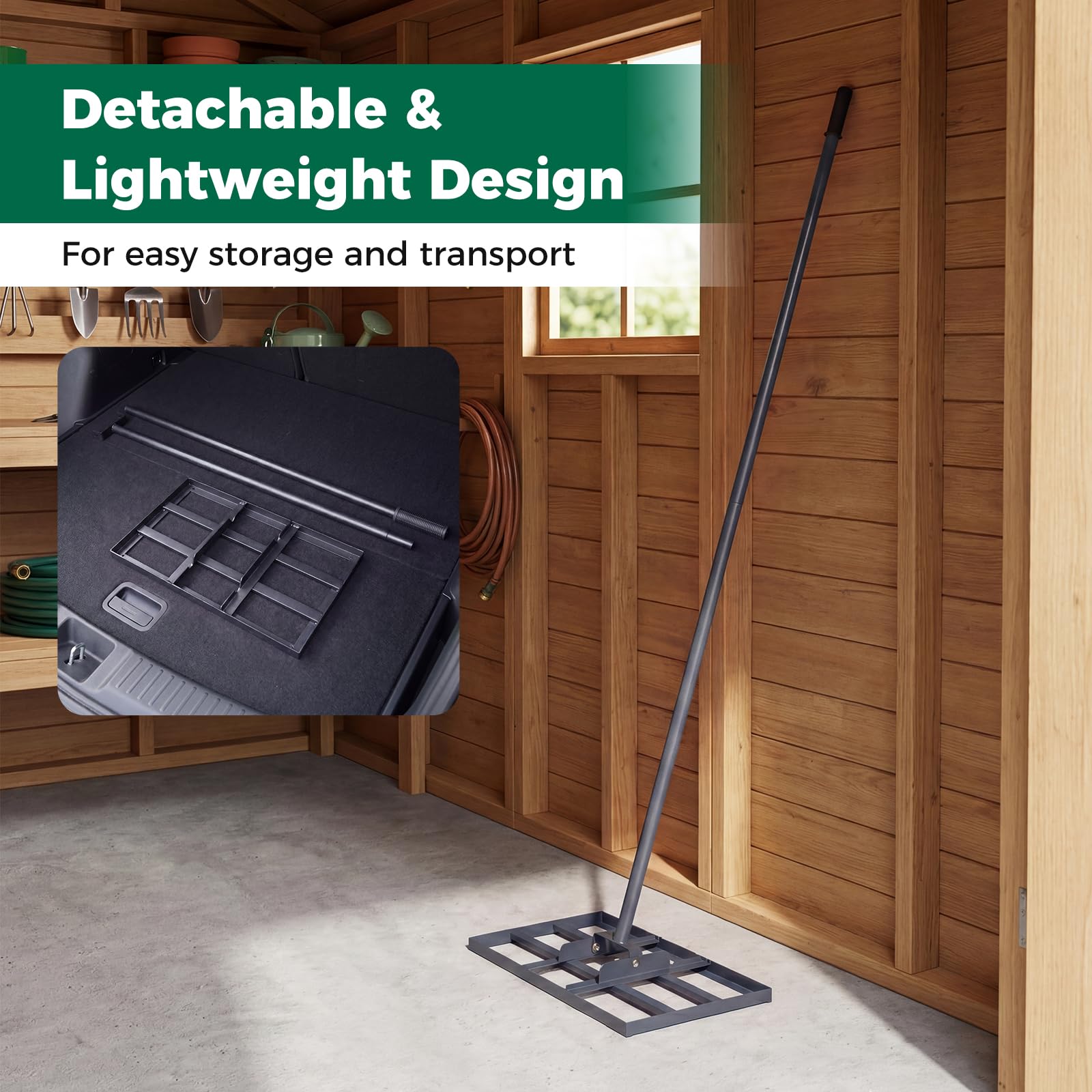Rastrello da giardino in alluminio da 36”/91 cm, attrezzo da giardino con 36 denti e manico da 174 cm, rastrello per foglie e terra resistente per giardinaggio, livellamento di prati, laghi,