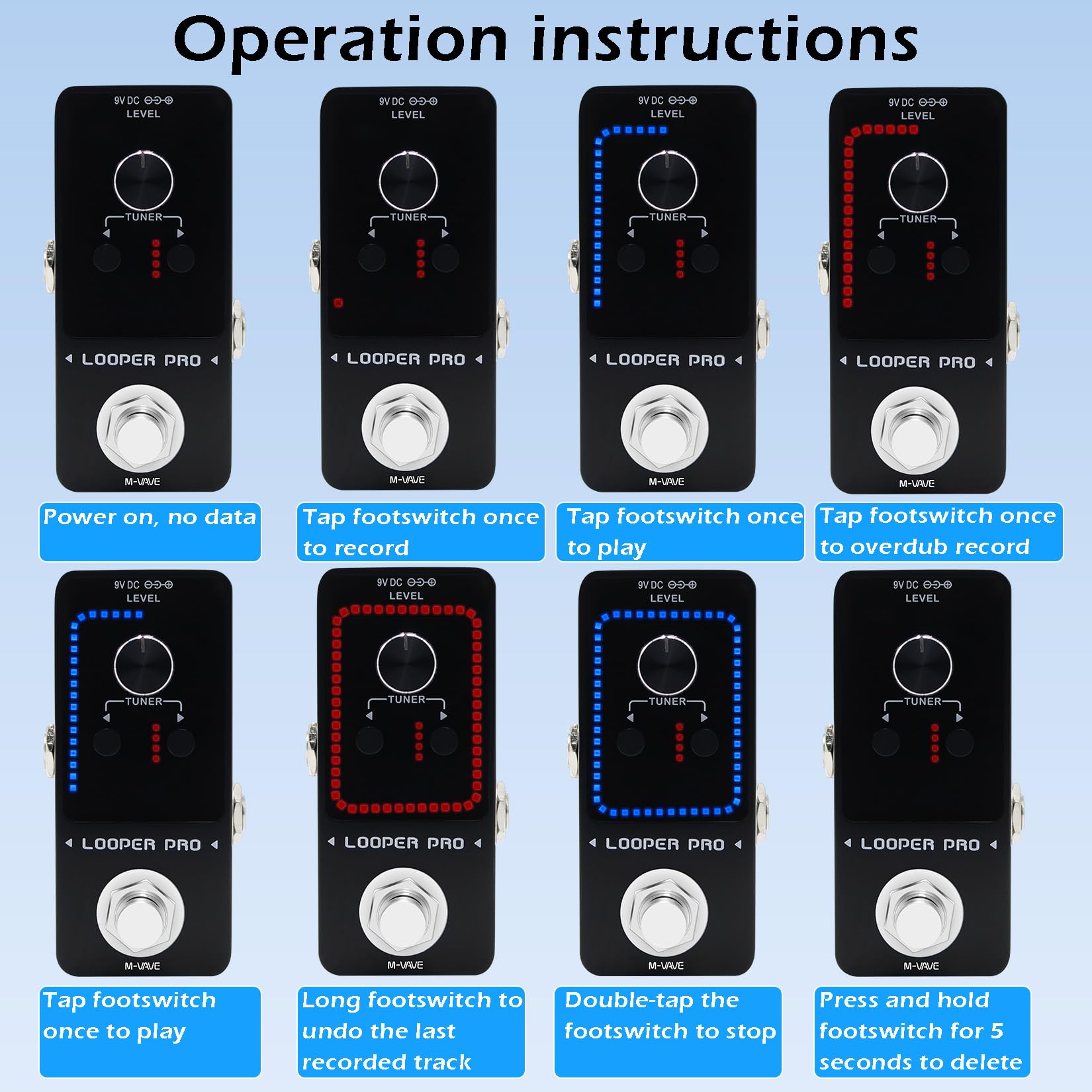 M-VAVE Loop Pedal Pro - Pedale professionale Looper per chitarra elettrica con 9 loop, 40 minuti, accordatore, looping in un solo passaggio, sovraincisioni illimitate
