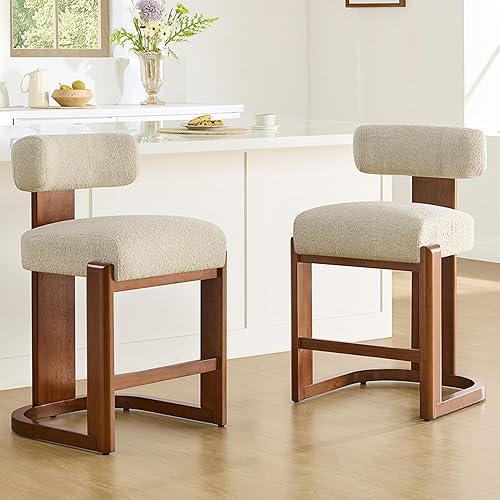 CHITA Modern Bar Stools Set of 2, 27" Counter Height Bar Stools, Upholstered Barstools with Backs and Wood Legs for Kitchen Island Dining Room, Oatmeal Fabric with Walnut Frame