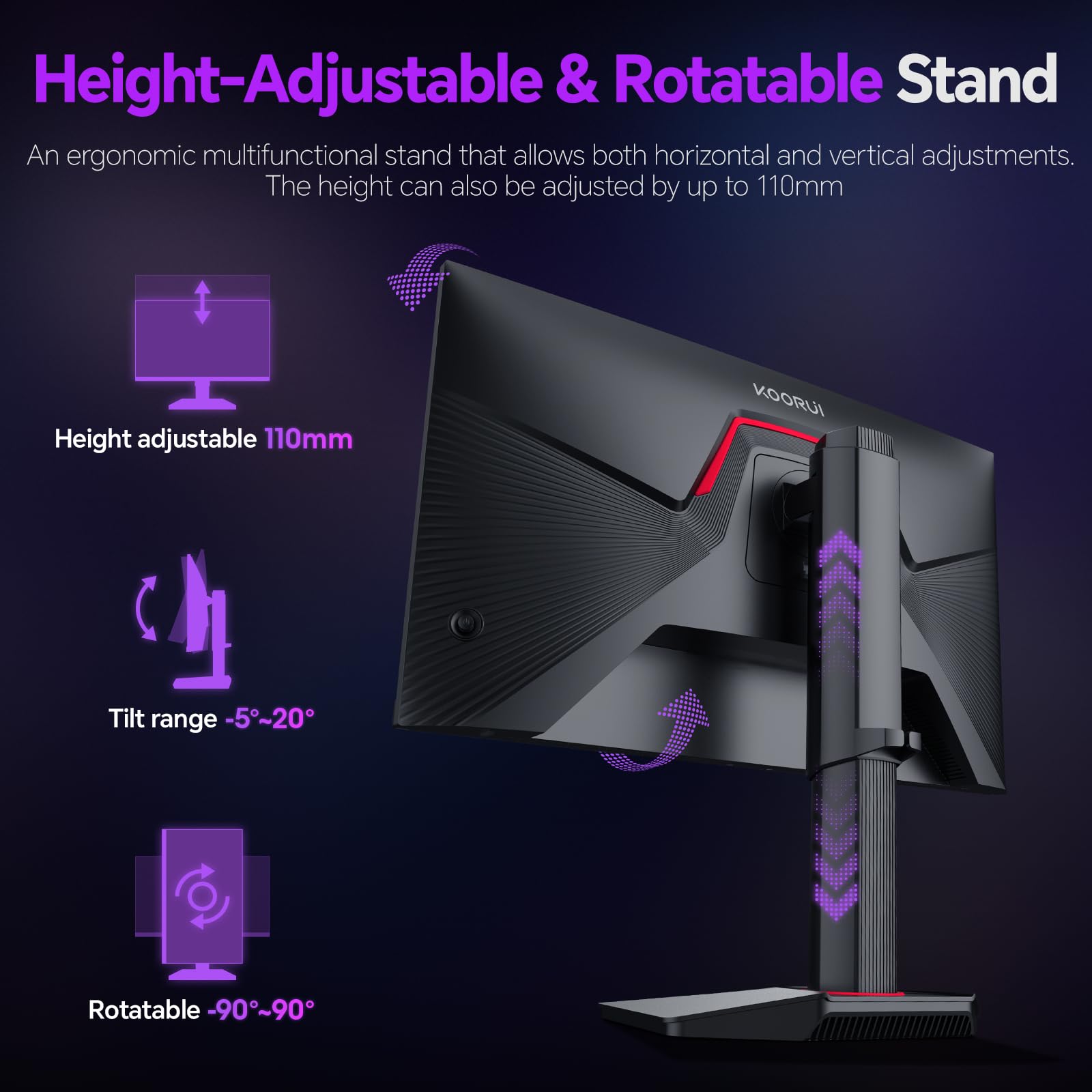 KOORUI 27 Pollici Gaming Monitor, schermo PC Fast IPS QHD 200Hz, Adaptive Sync 1ms, HDR400, HDMI 2.0 e DP 1.4, VESA 75x75 mm, altezza regolabile