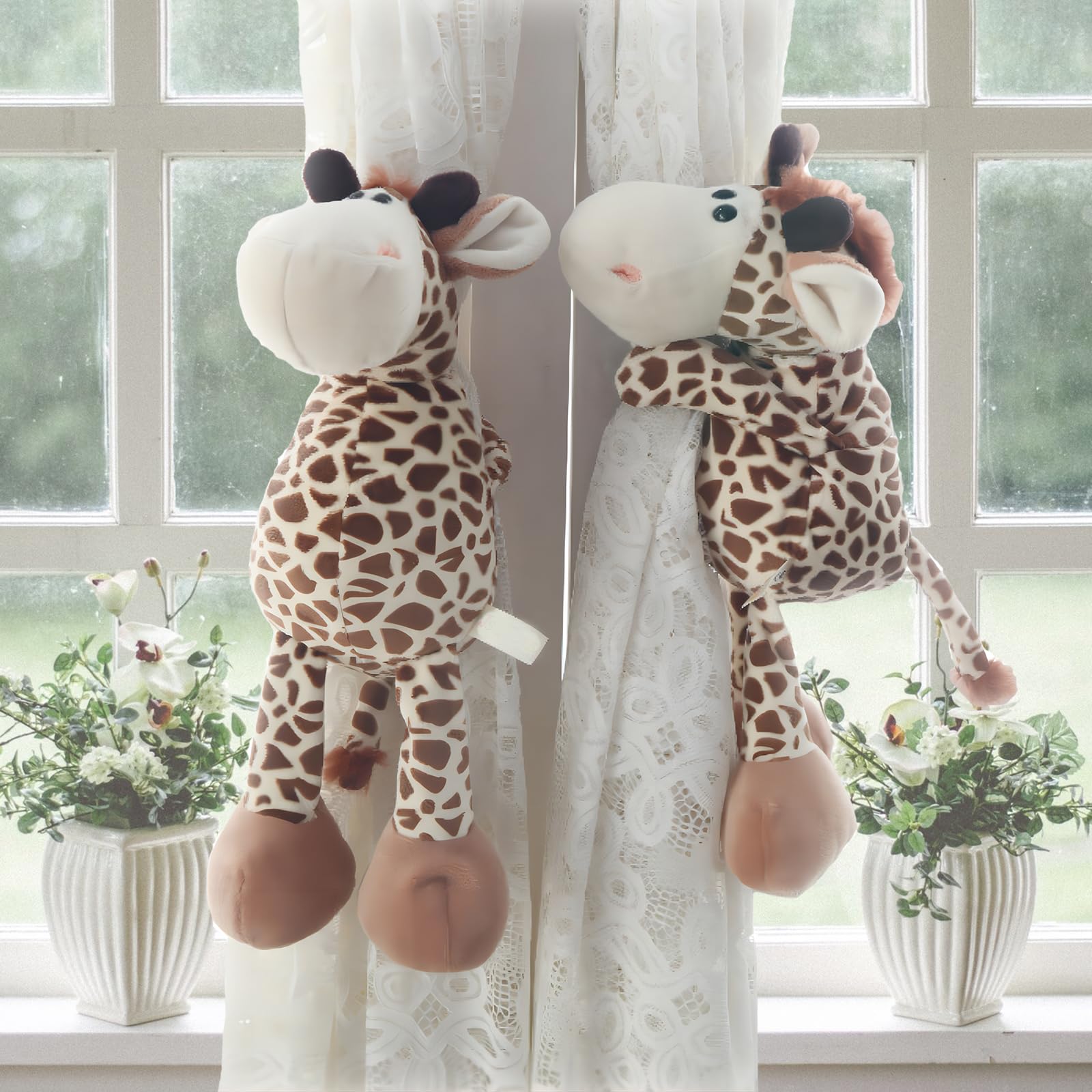 Vmogeicons Curtain Tiebacks, 1 Pair Cute Animal Curtain Holdbacks for Drapes, Buckle Hook Fastener Curtain Tie Backs Holder for Nursery Decor, Kids Bedroom Window Decorations (Giraffe)