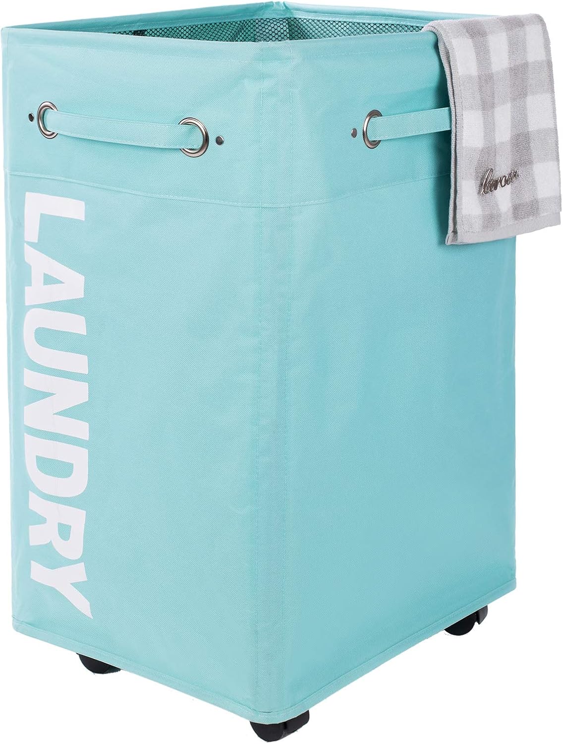Caroeas 24 inch Pro+ Wheeled Laundry Hamper Light Blue Breathable Cover Heavy Duty Laundry Sorter Dirty Clothes Organizer Waterproof Foldable Laundry Basket Extra Large Laundry Bag Pro Plus