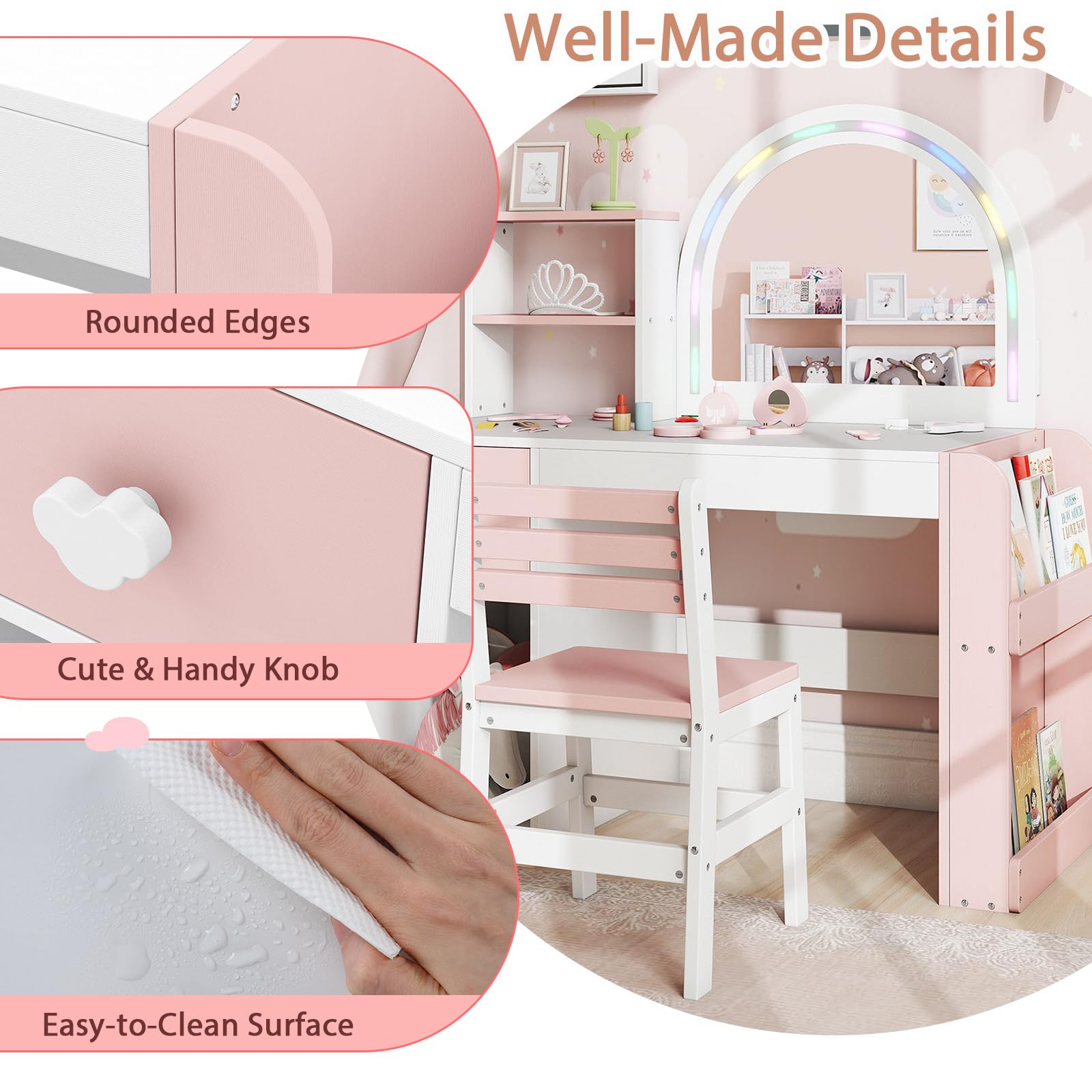 LIFEZEAL Tavolo da Toeletta con Specchio, Luci (bianco+rosa) | Set da Toeletta con Sgabello, 1 Cassetto, Scomparti Aperti, Mensola Laterali, Accessori, per Cameretta, per Bambina 3+Anni