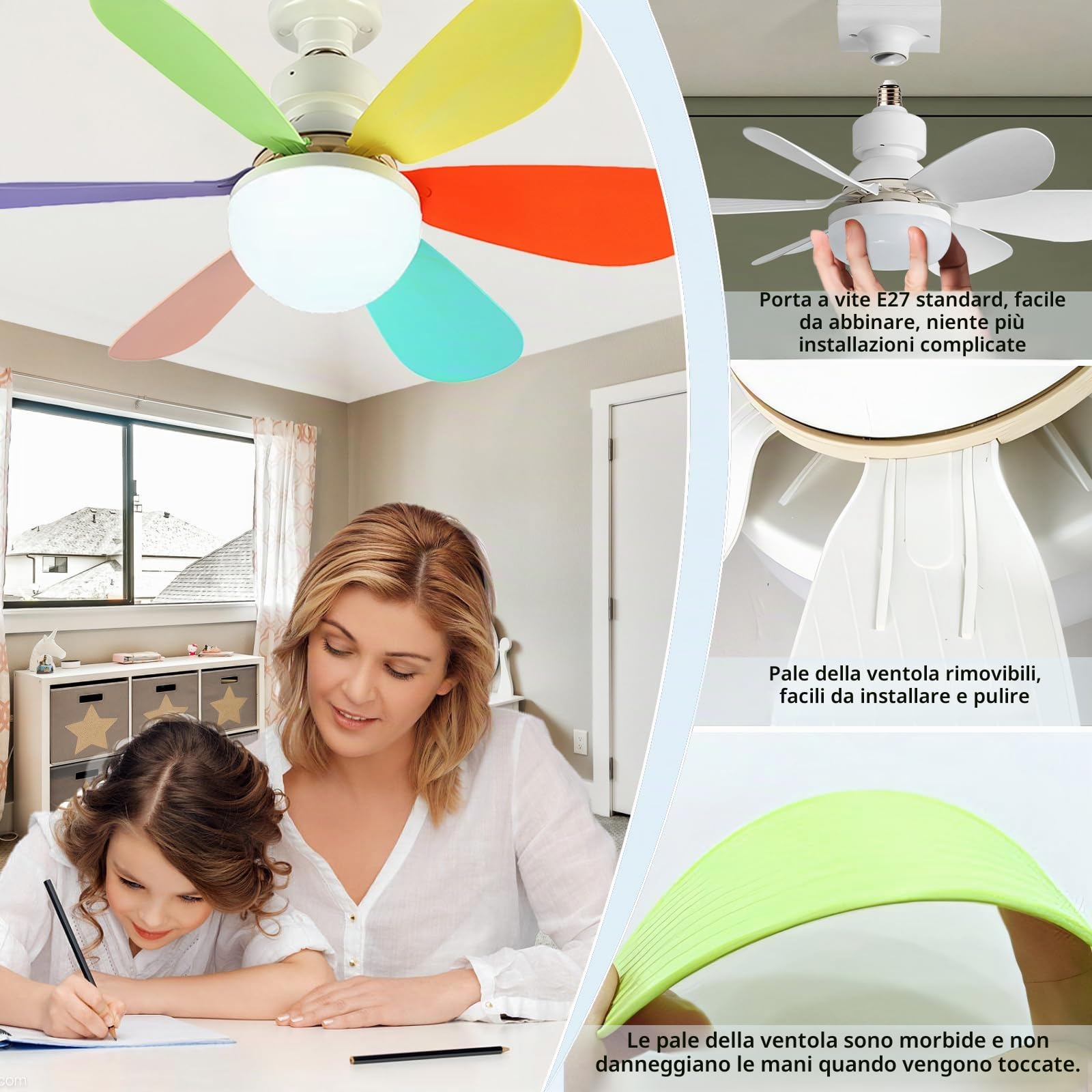 Bambini Lampadario Con Ventilatore Da Soffitto Dimmerabile Acrilico Ventola Soffitto Con Luce Per Camera Da Letto Lame Colorate 3 Velocità Tri-Colour Staccabili Ventilatori Con Plafoniere Timer