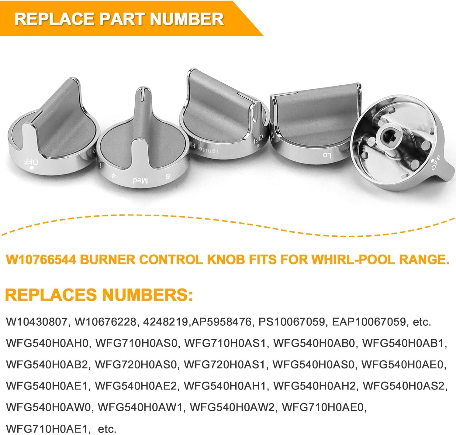 AMI PARTS W10766544 Gas Stove Knobs Burner (Mark-Off) Control Knobs Replacement for Whirlpool Knobs Range WFG540H0ES0 W10430807 W10676228 4248219 AP5958476 PS10067059-5 Pack- Not W10594481