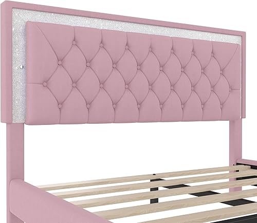 Miniatura 7 de HomSof Base de cama tapizada tamaño Queen con luces LED, cama de plataforma de terciopelo moderna con cabecera capitonada de cristal, color gris