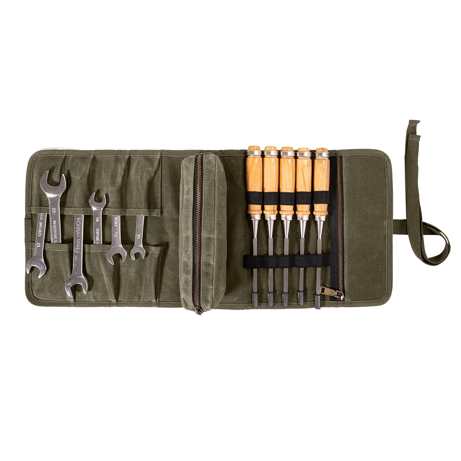 Chisel Roll,6 Pockets Roll Up Tool Pouch,Waxed Canvas Small Tool Roll Organizer and Wrench Roll Up Pouch,Store Chisel,Wrench,Pliers,Carving Knife
