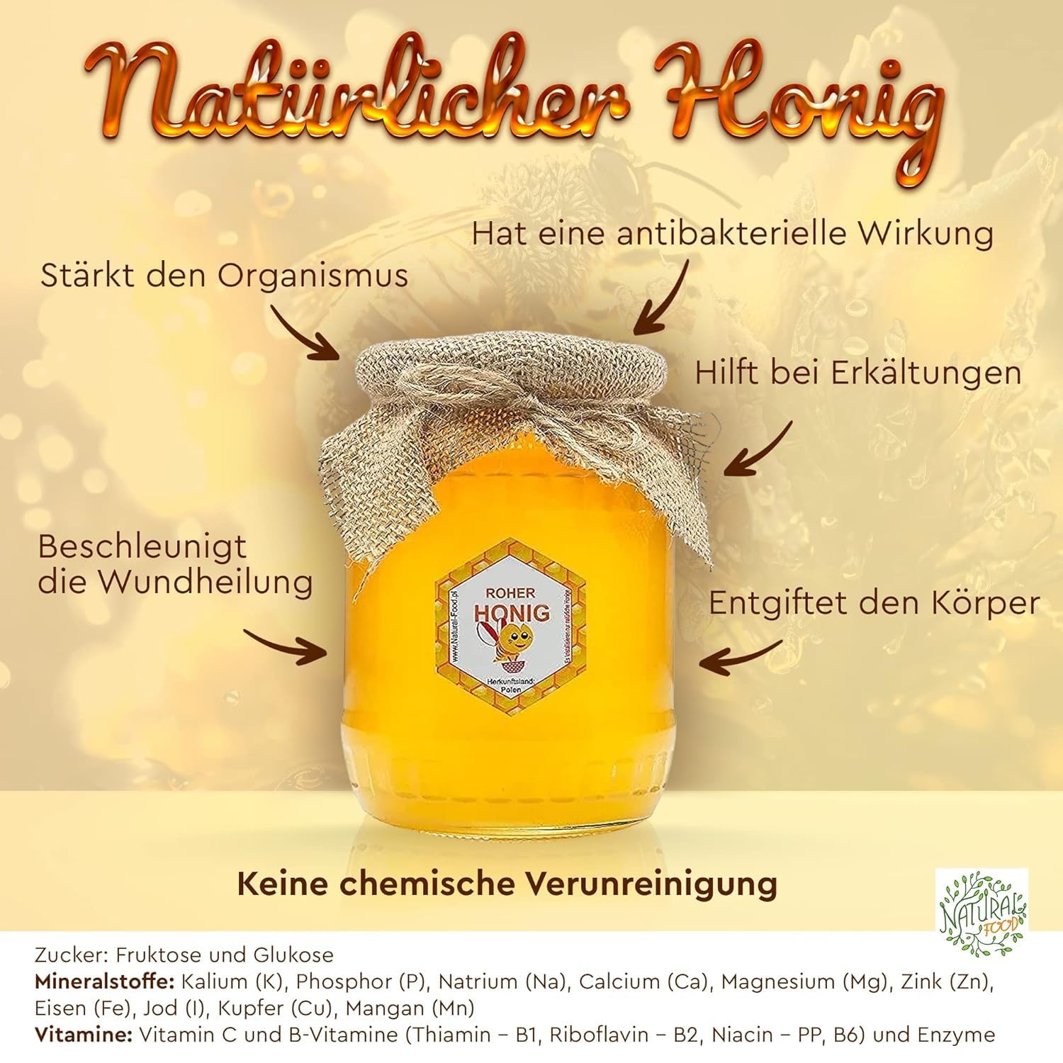 Natural Food - ROHER HONIG direkt vom Imker aus Europa - Natürlich - Sehr Gesund - ohne Zusätze - Ungefiltert - Nicht Geschleudert oder Rrhitzt - 1,1 kg - Buchweizen