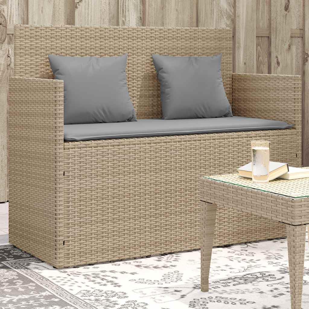 SYDE Banco de Jardín Ratán Sintético Beige con Cojín | Almacenamiento bajo asiento, Bolsa Impermeable, Resorte de Gas, Funda Lavable, Máx 110 kg