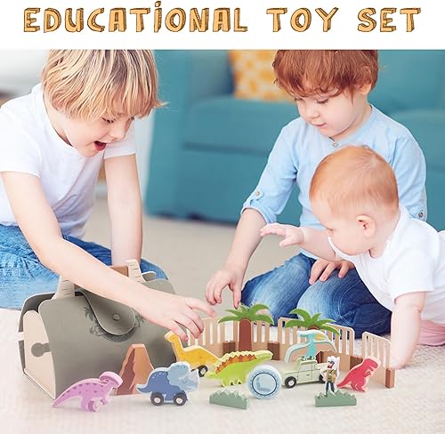 Miniatura 3 de Juego de tren de dinosaurio para niños de 1 año en adelante, juego de tren de juguete de madera para niños pequeños, juguetes educativos Montessori