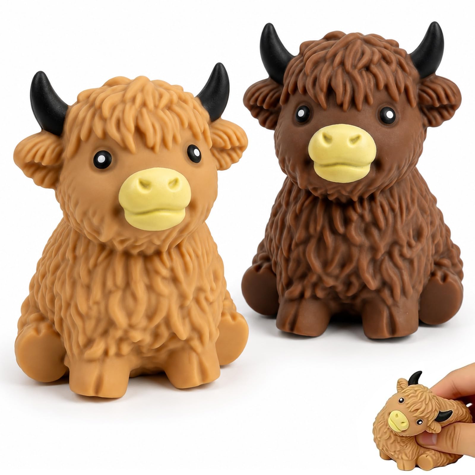 2Pcs Cow Squishy, Light & Dark Highland Cows, Palm Sized for Travel