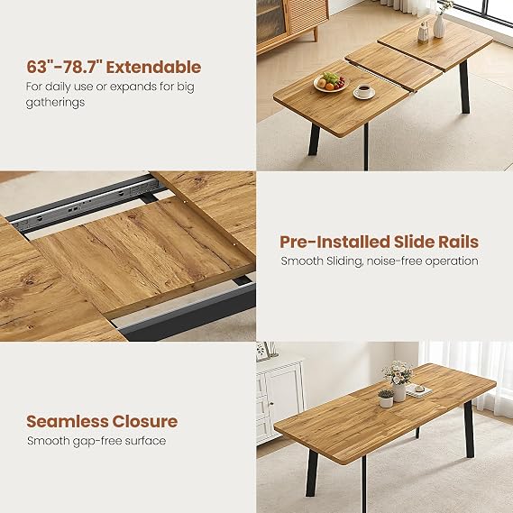 Modern 63-78.7 Extendable Rectangular Dining Room Table, Walnut