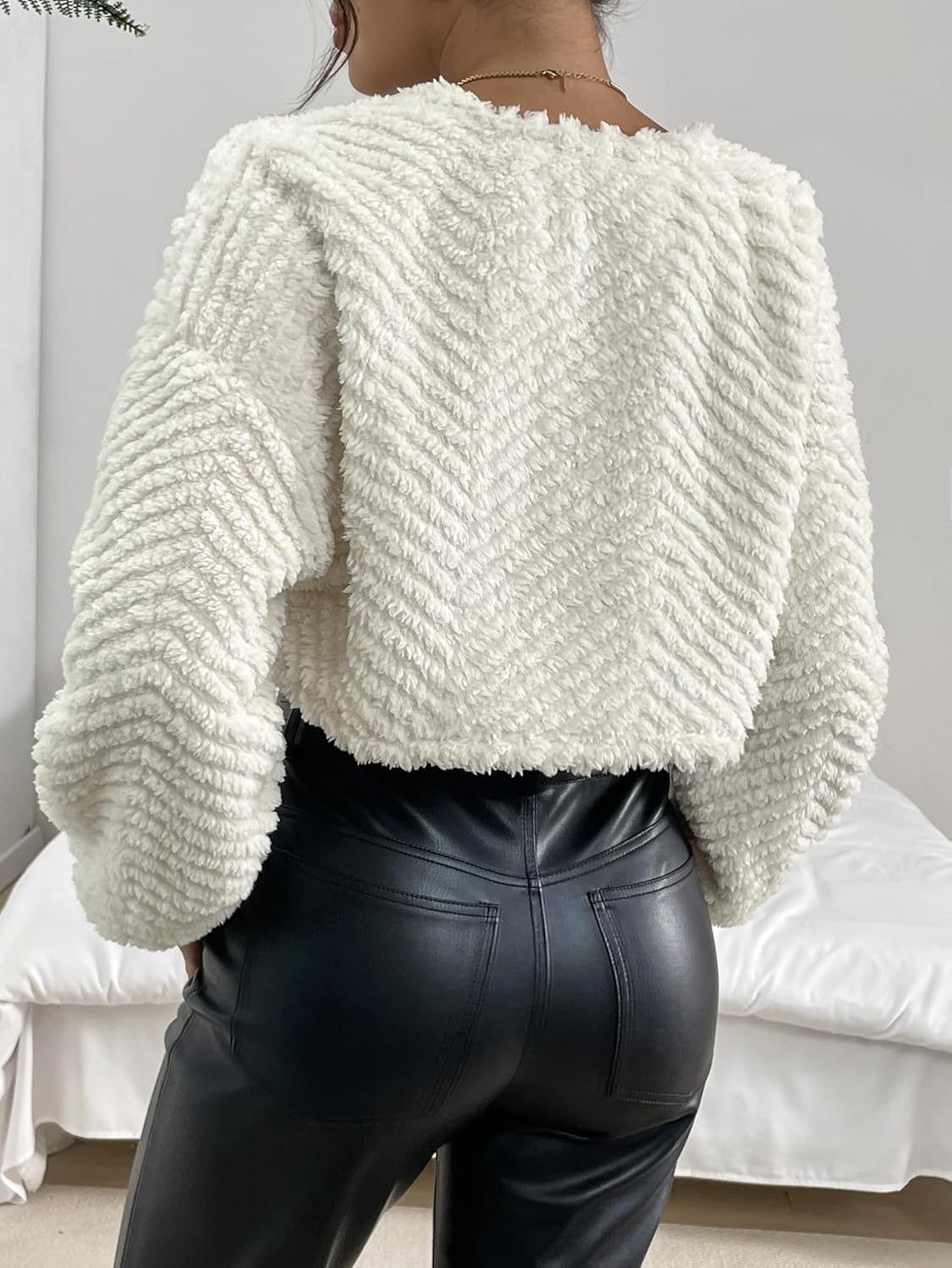 Verdusa Women's Fuzzy Crop Cardigan Long Sleeve Open Front Flannel Shrug Bolero - Image 2