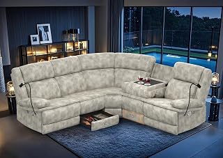 Home Theater Seating Reclining Sectional Sofa, Reclining Couch with 4 USB, 2 Flip-Up Middle Backrest & Drawers, Wall Hugger RV Recliners, 145° Adjustable Recline & Cup Holders for RV & Movie Room