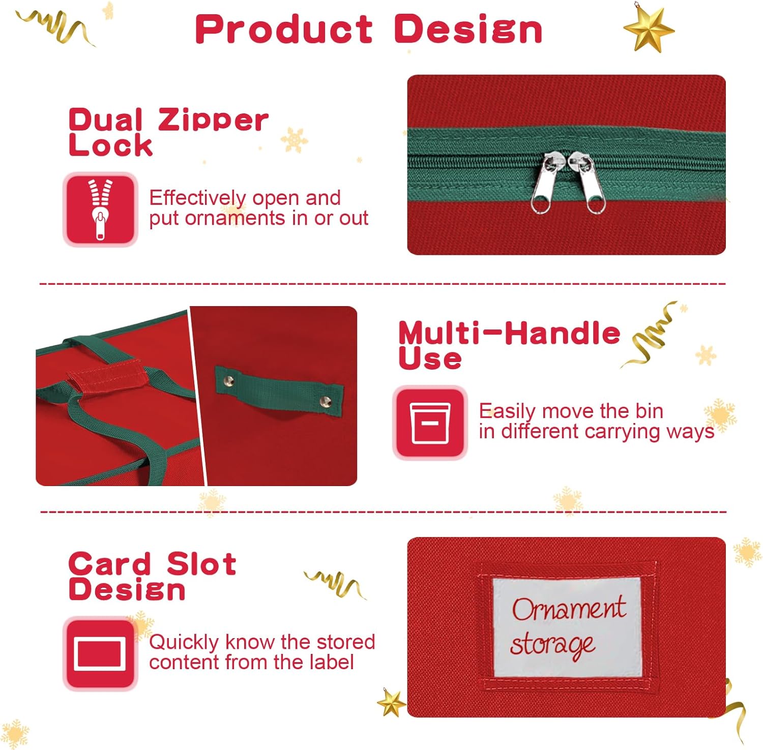 Christmas Ornament Storage Box, Stores Up to 54-4" Ornaments, 3 Individual Trays, Adjustable Dividers, 600D Oxford Fabric, Large Organizer Bin to Protect and Store Holiday Décor - Image 7