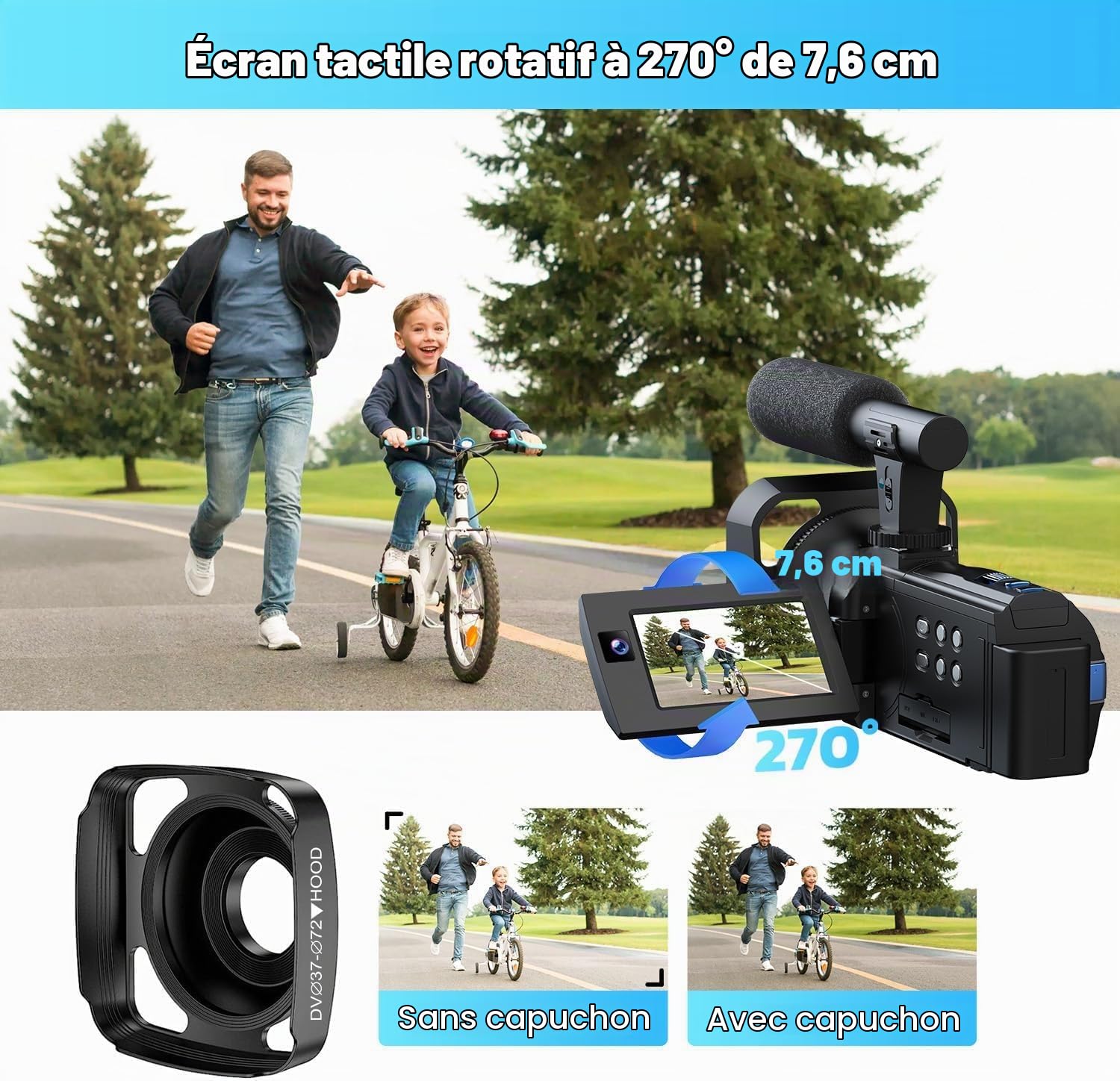 Caméra Vidéo 5K Caméscope, 56MP WiFi Vision Nocturne IR Double Objectif, 16X Youtube Vlog Caméra, 3" 270° Video Camera avec 2 Batteries, Carte 64 Go, Microphone, Trépied