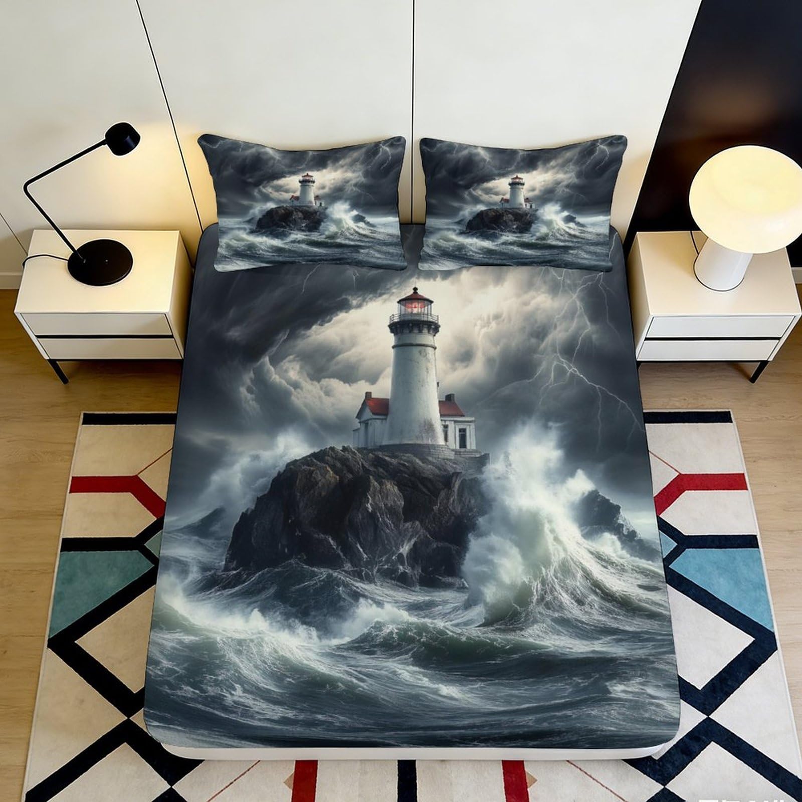 3D Printed Lighthouse Ocean Fitted Sheet Microfiber, Coastal Waves Mattress Cover, Blue Bedroom Decor for Home Dorm Room 90x200x25cm