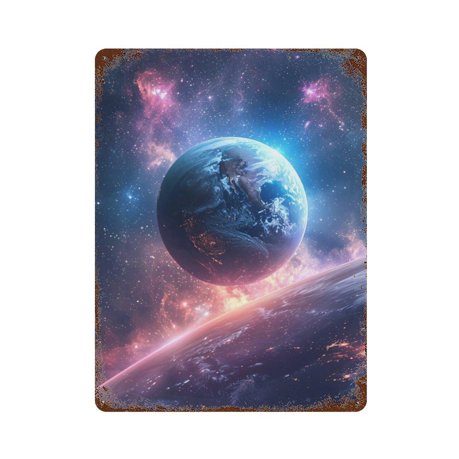 Earth from Space Wallpaper Aged Metal Wall Plaque 15.7"x11.8", for Basement, Hobby Room And Garage Decor, Rustic Home Decor