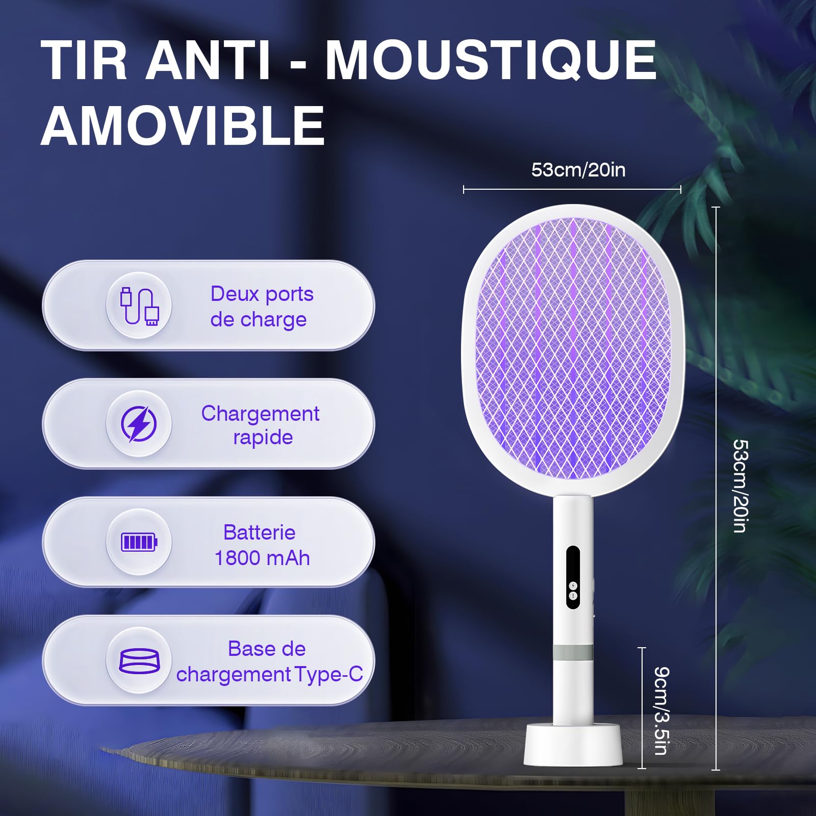 PALONE Raquette Electrique Insectes 1800mAH Chargement, Raquette Moustique Electrique Type-C Amovible, Répulsif Électronique Anti Moustiques et intenses, pour Intérieur et Extérieur (Blanc,1PC)