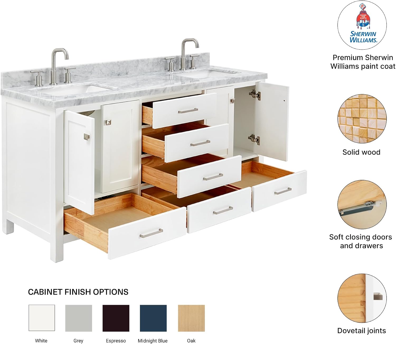 DKB Beckford 66" White Double Bathroom Vanity with Sink, 1.5" Edge Italian Carrara Marble Countertop, 2 Rectangular Undermount Sinks, 4 Soft Closing Doors, 6 Dovetail Drawers, Brushed Nickel