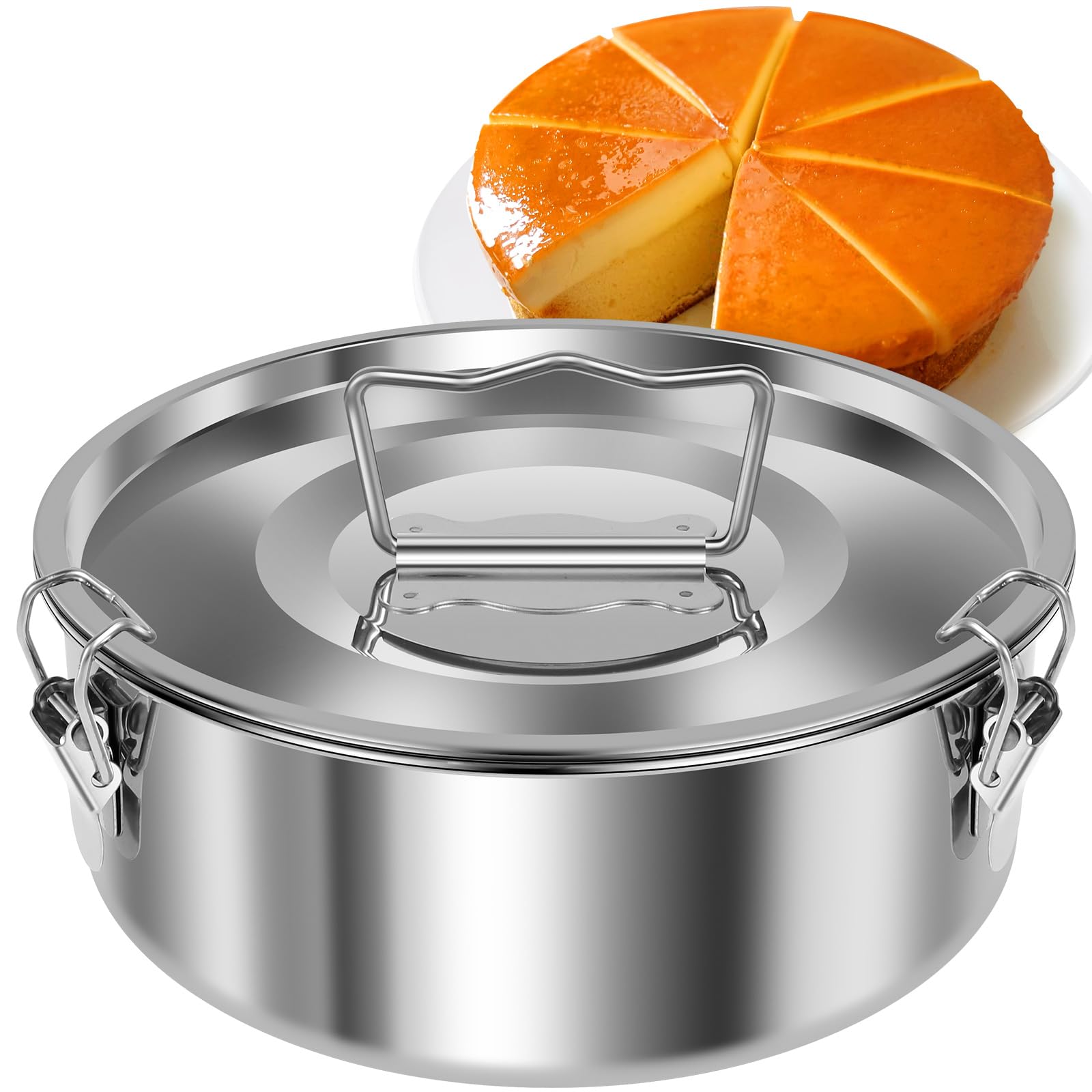 Molde de flan con tapa, molde de flan de acero inoxidable con asa, 1.5 cuartos de galón, gran capacidad, para hacer flanera de flanera, portátil redondo para hornear pasteles de queso,