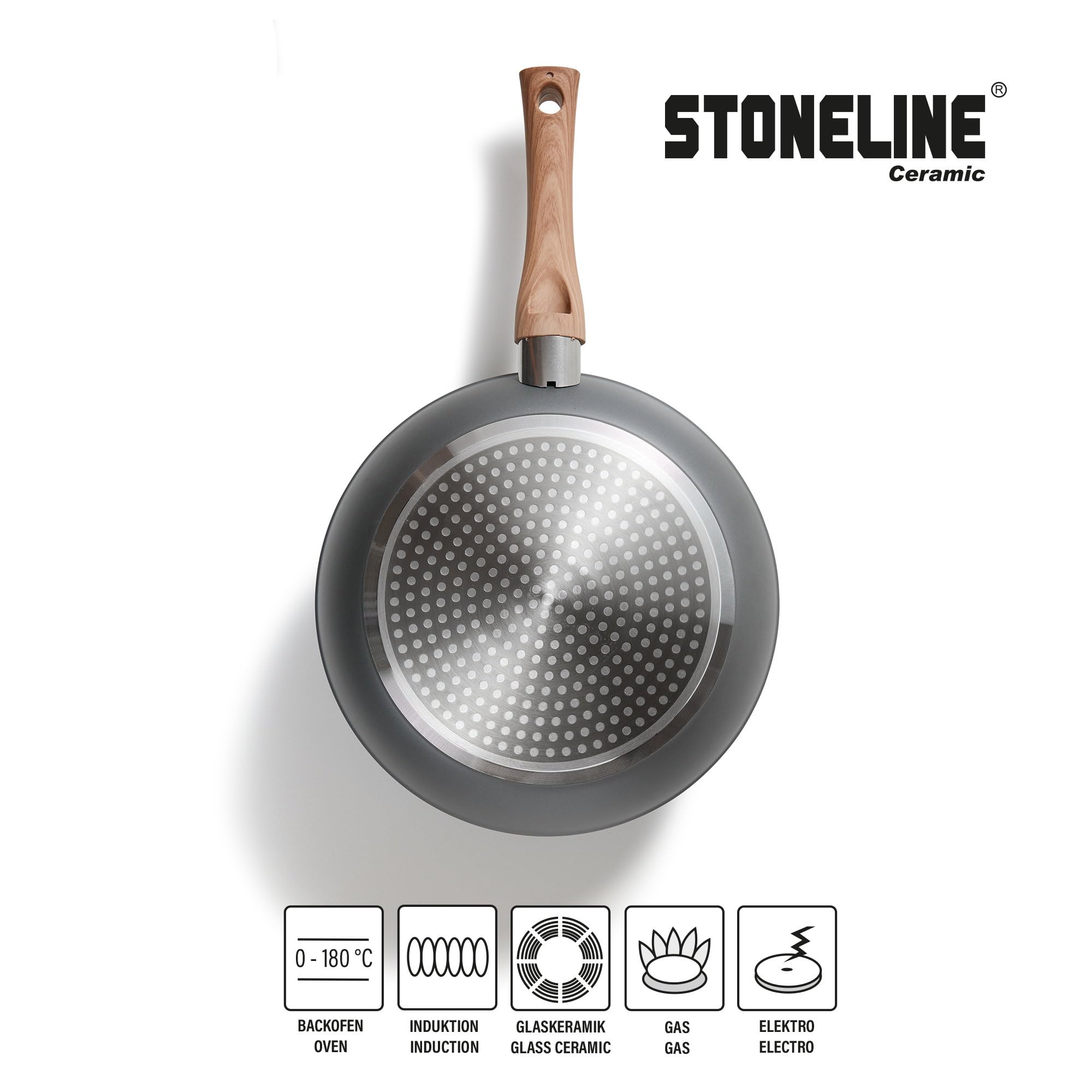 STONELINE Back To Nature Batterie de Cuisine Céramique, Set de 14 pcs, Poêles, Casseroles, Couvercles et Ustensiles de Cuisine, Revêtement Antiadhésif avec de Vraies Particules de Pierre, Motif Bois