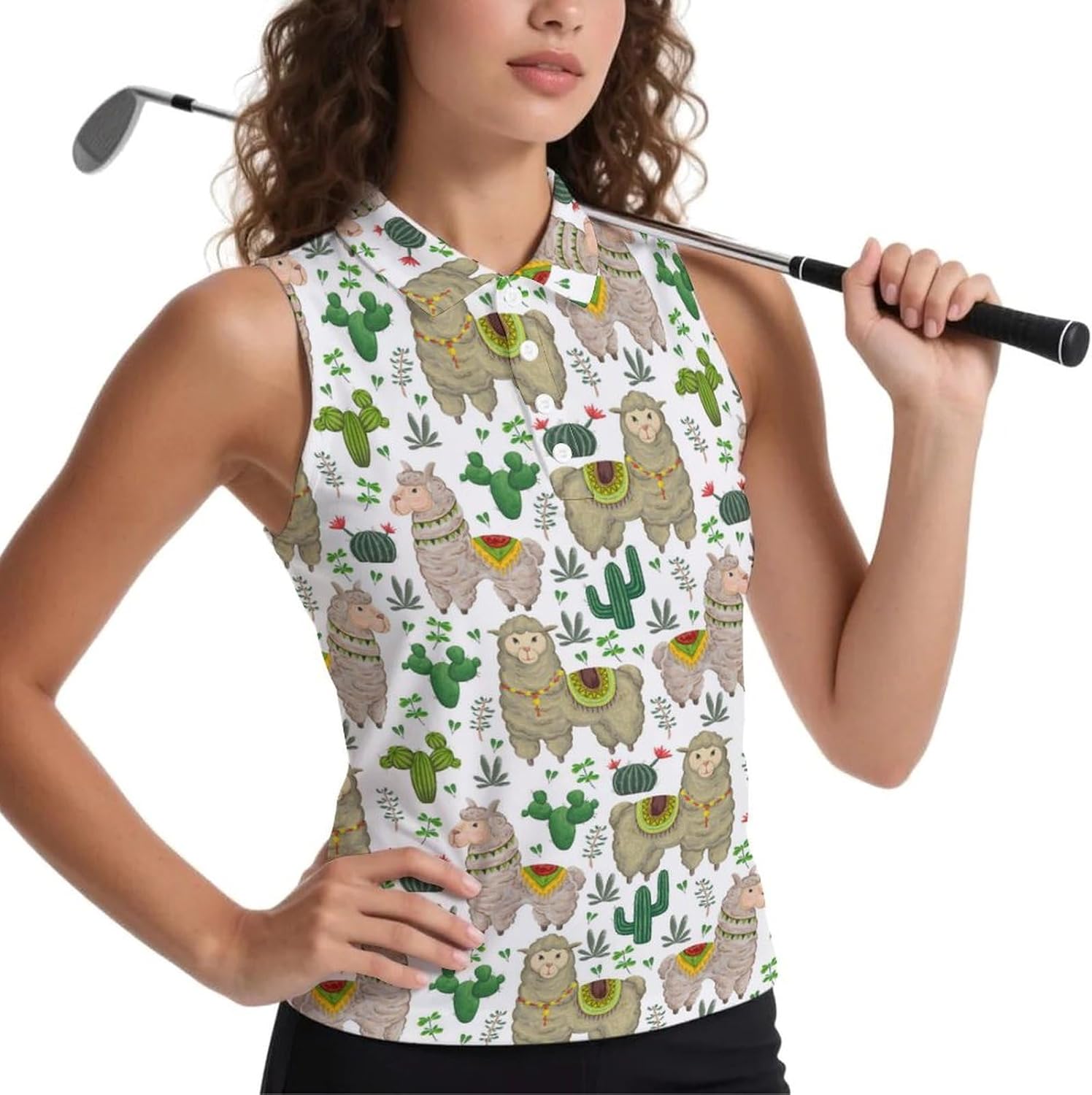Boho Alpaca Cactus Pattern Women's Golf Shirt Sleeveless Polo Shirts Tank Tops Blouses Tennis T-Shirts Casual