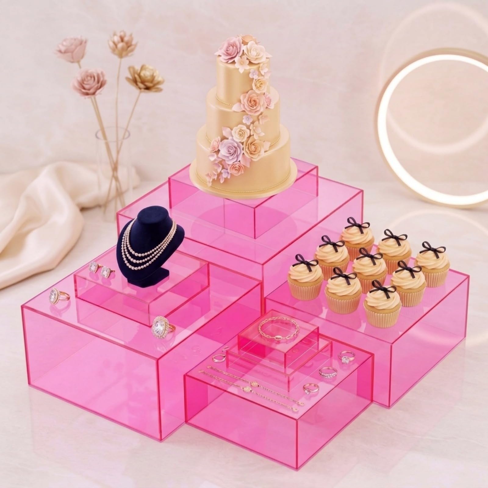 Geelin 8 Pack Acrylic Buffet Display Risers for Food Jewelry,Pink,Flat
