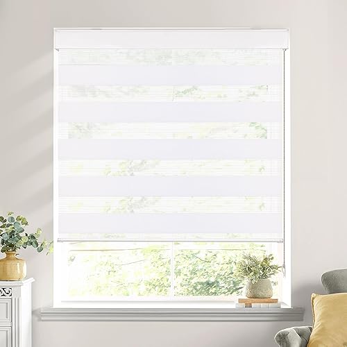 Allesin Persianas tipo cebra enrollables tipo cebra opacas para ventanas, color blanco, 28 x 72 pulgadas, filtro de luz de doble capa y protección