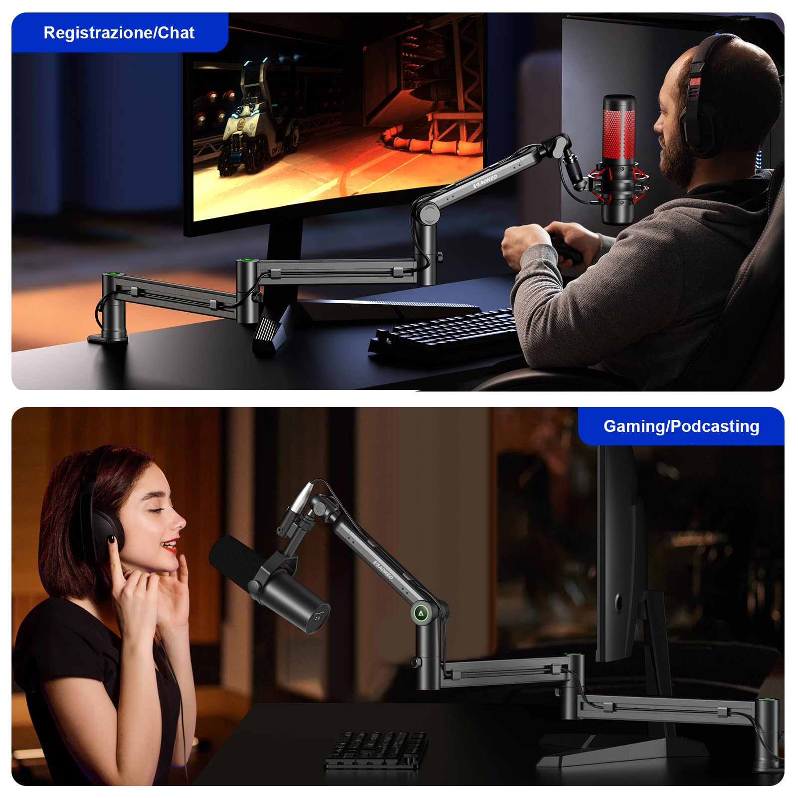 Braccio Microfono,Aokeo AK-58i Braccio Sospensione Boom da Scrivania a Profilo Basso,Supporto per Blue Yeti,Snowball iCE,HyperX QuadCast,SoloCast,Elgato Wave,Ecc
