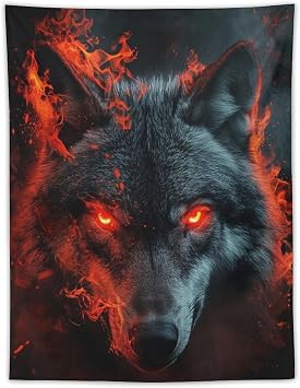 CLiqr Black Wolf Red Eyes Angry Flame Cool Tapestry Wall Hanging Aesthetic Decoration For Bedroom Living Room Wall Art Tapestries 30"x40"