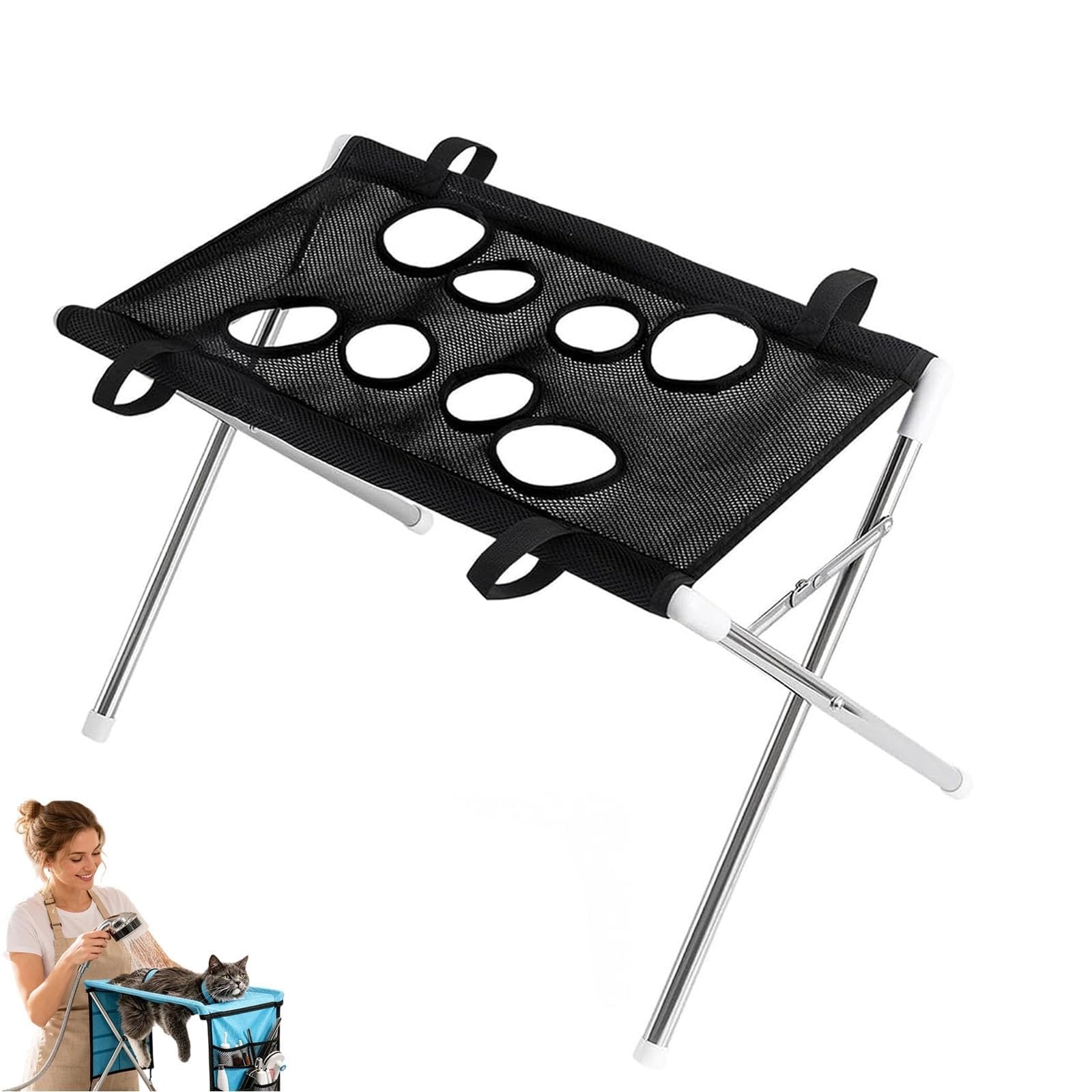Géneric Pet Grooming Hammock Stand, Cat/Dog Grooming Table with 4 Hole, Foldable Dog Bath Hammock and Nail Clipping Station (Normal, Black)