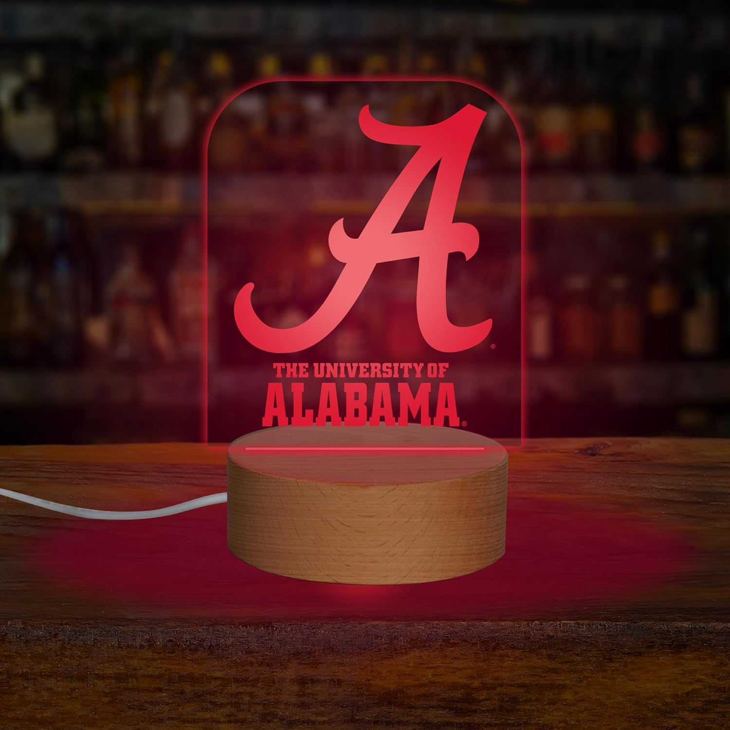 Rico Industries NCAA Alabama Crimson Tide Team Logo LED Desk Light Up Sign, 7 Color Changing LED Night Light, Wood Base with USB Cord Included, Ideal for Home and Desktop Decoration