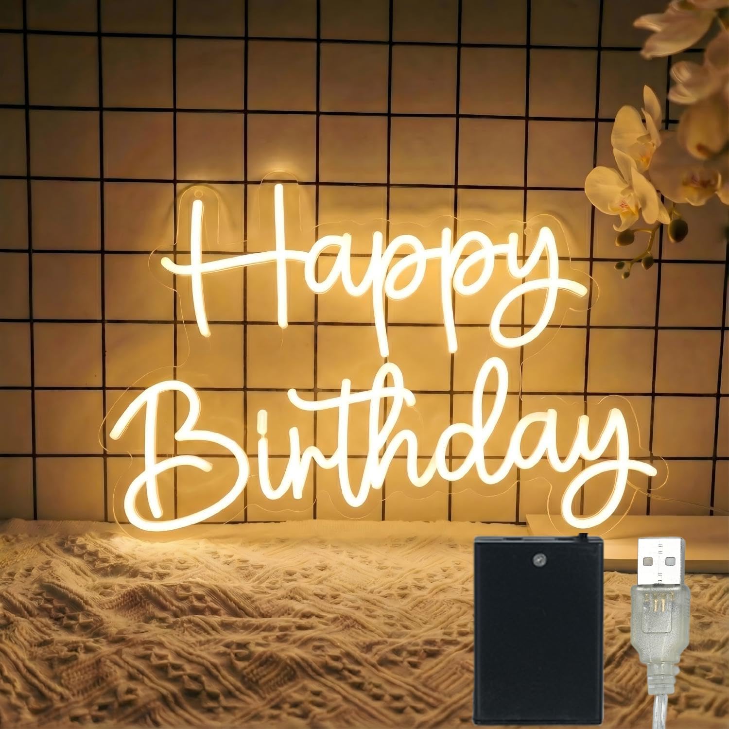 Happy Birthday Neon Sign, 16x11.5in LED Light Up Sign with 4 Lighting Modes & 5-Level Brightness, USB/Battery Powered for Party Decor and Photo Backdrop