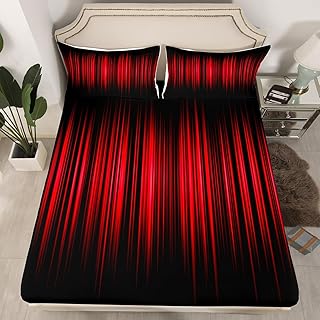 Abstract Ombre Fitted Sheet Full, Red and Black Bed Sheet Set for Kids Red Ombre Bedding Set Modern Gradient Contemporary Bed Cover Lightweight Bed Set (No Flat Sheet)