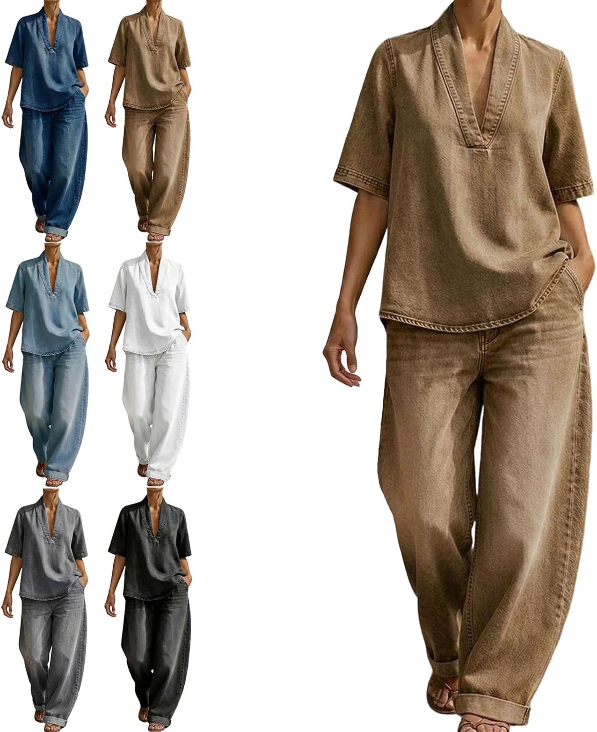 Women's Minimalist Cozy Short-sleeved Top Wide-leg Jeans Denim Set Casual Summer Vacation Beach Travel Fashion 2026