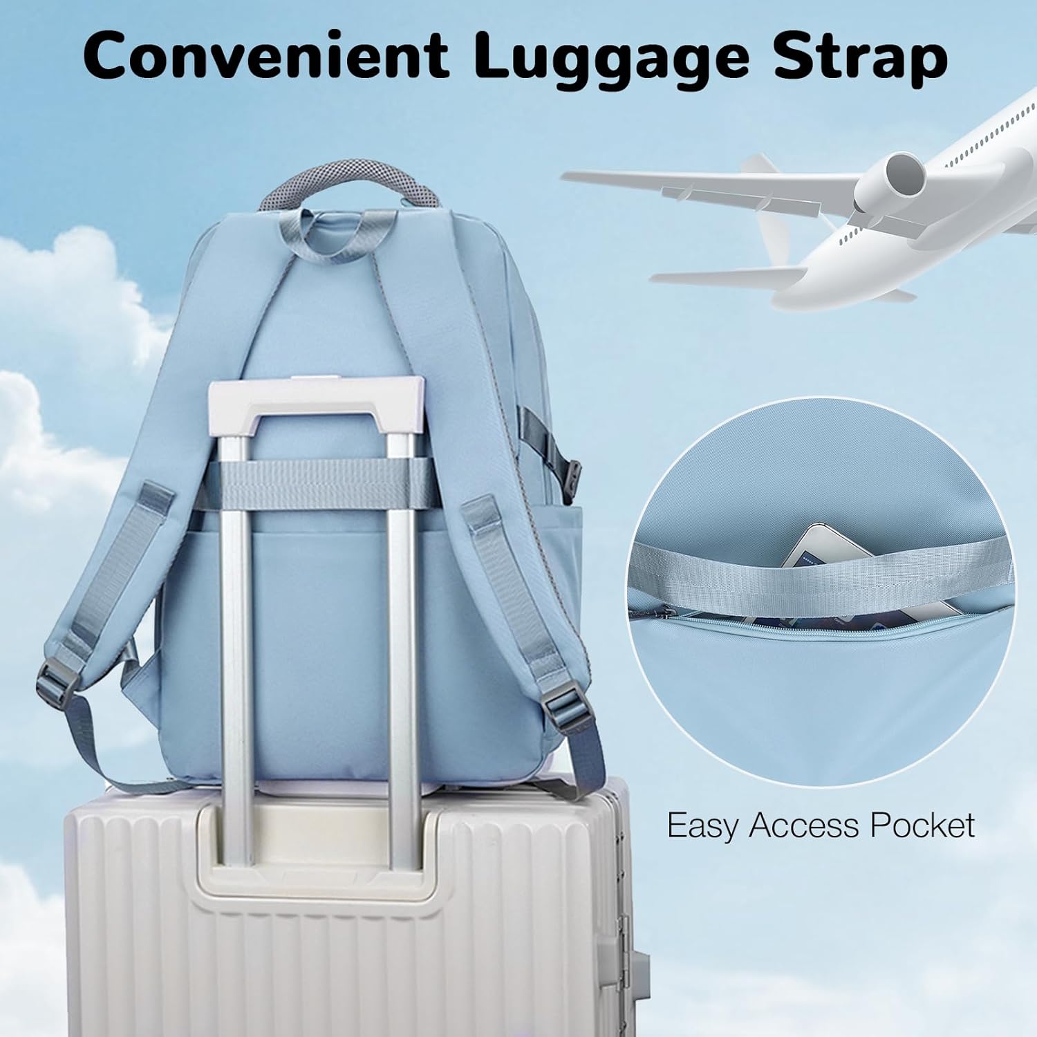 25L Travel Backpack with Luggage Strap for Women, Lightweight Carry on Backpacks Casual Daypack Airplane Friendly, Flight Approved Waterproof 15.6" Laptop Backpack, Blue