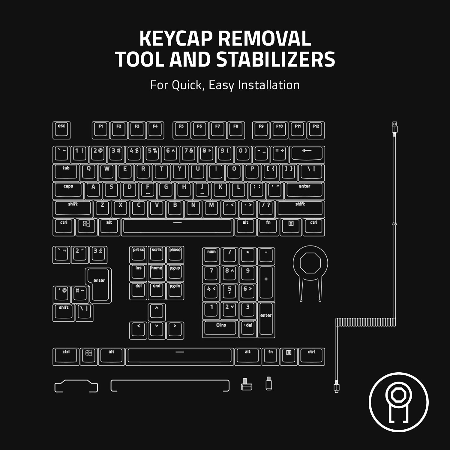 Juego de actualización de Razer con teclas PBT + cable en espiral (120 teclas PBT Doubleshot, cable USB-C a USB-A, cable de fibra trenzada) Disposición US | Negro