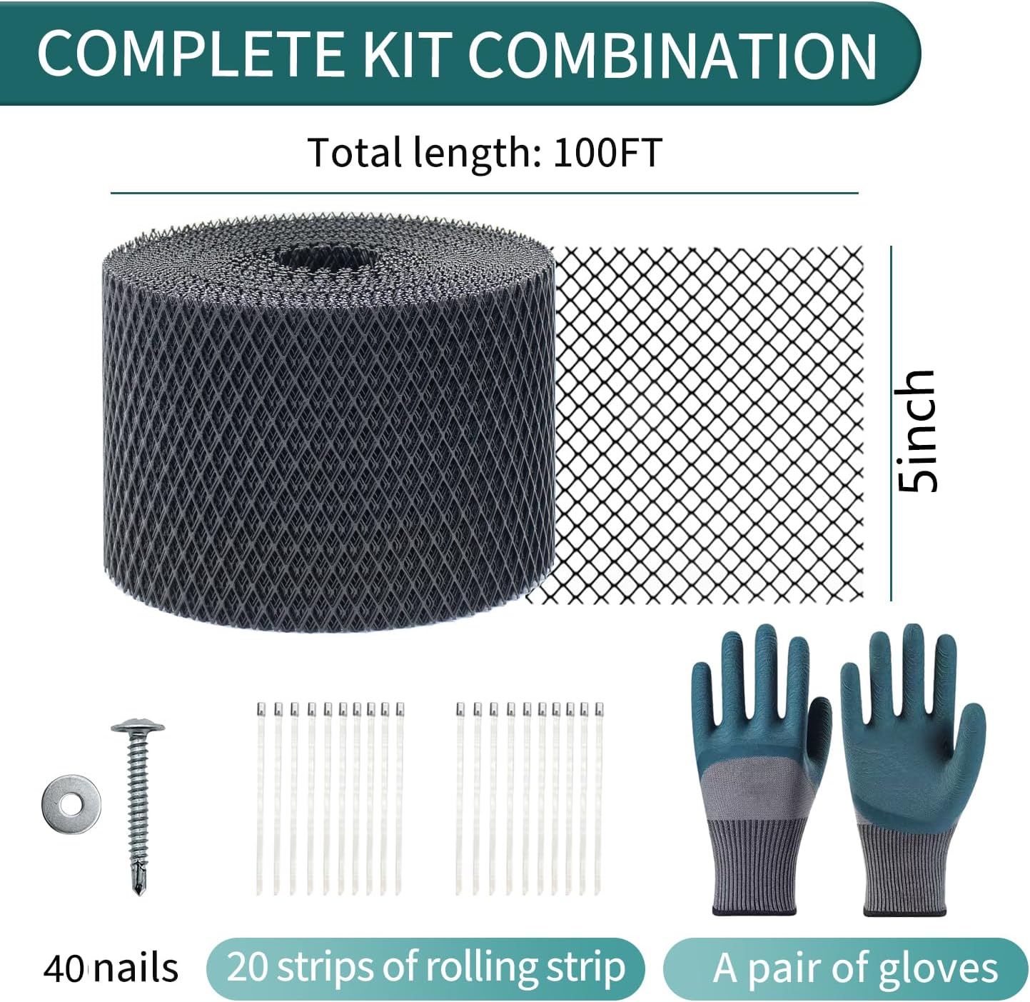 5Inch x 100Ft Roll of Gutter Guard,Heavy Duty Leaf Filter,Leaf Filter Gutter Protection Roll with Installation Screws and Stainless Steel Ties,DIY Gutters Protection Cover (Black 5inch X 100ft)