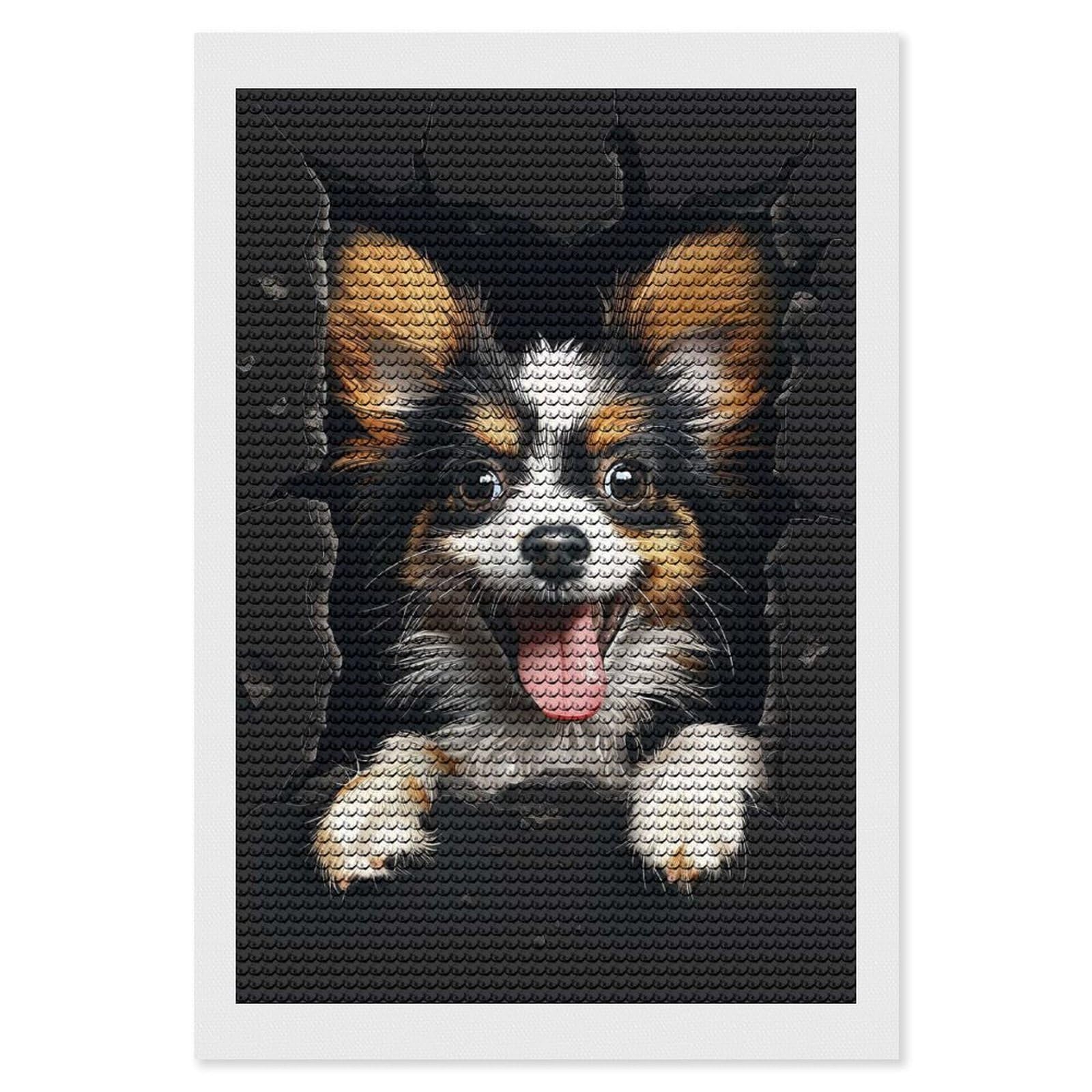 Junmoney Papillon Dog Full Drill Diamond Painting Kit 8"x12", for Teens, Adhesive Canvas, Bedroom Decor, Holiday Gift Idea