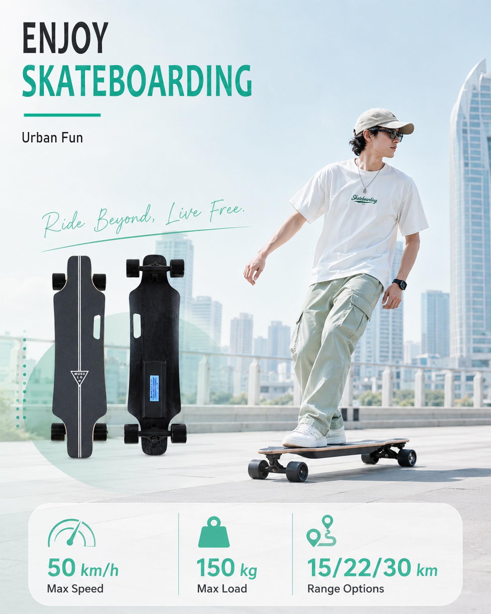 Skateboard Électrique Portable, Planche Cruiser à Double Moteur 15km | Roues 105mm, Moteurs Doubles et Télécommande LCD pour Contrôle Précis sur Campus, Parcs et Sorties Week-end