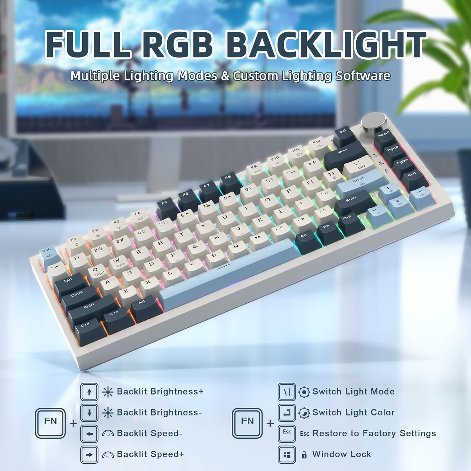 ATTACK SHARK K85 keyboard showing RGB backlighting and FN key combinations for control.
