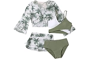 4-Piece Crisscross Bikini Set with Tropical Print Cover Up
