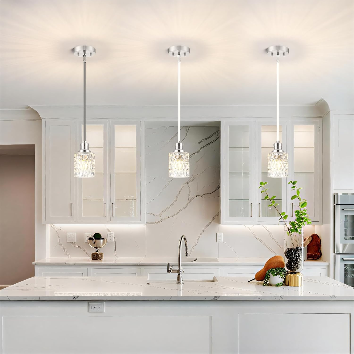 Brushed Nickel Pendant Lights Kitchen Island 3 Pack, Modern Mini Glass Pendant Light Fixtures with Drum Glass and Rods, Adjustable Hanging Light for Kitchen Sink Dining Room Bathroom