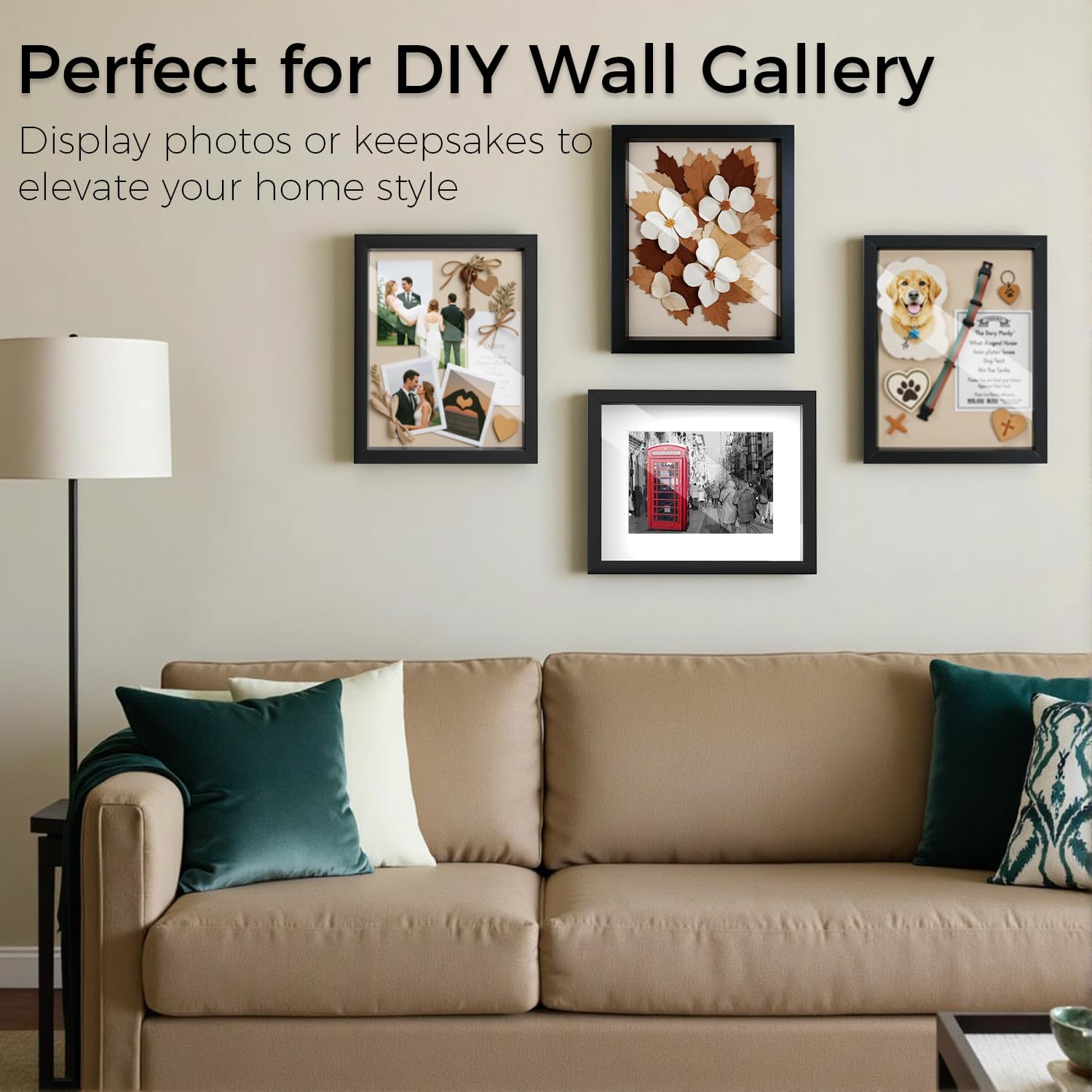 11x14 Shadow Box Picture Frames 4 Pack, Wooden Display Cases with Linen Board, Use as 9x12 Frame with Mat or 11x14 without Mat, 1.0" Interior Depth for Flowers Memorabilia Collectibles, Black