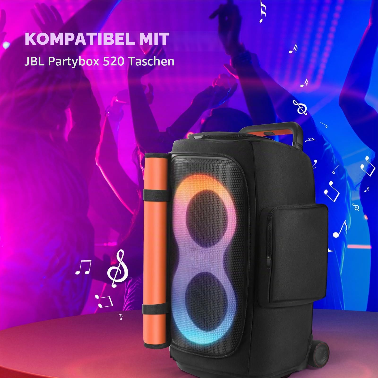 Lautsprecherhülle, kompatibel mit JBL PartyBox 520, tragbarer Lautsprecher, Outdoor-Reise, weiche Staubschutz-Aufbewahrungstasche mit Reißverschluss-Fenstertaschen für Ladegerät, Mikrofone