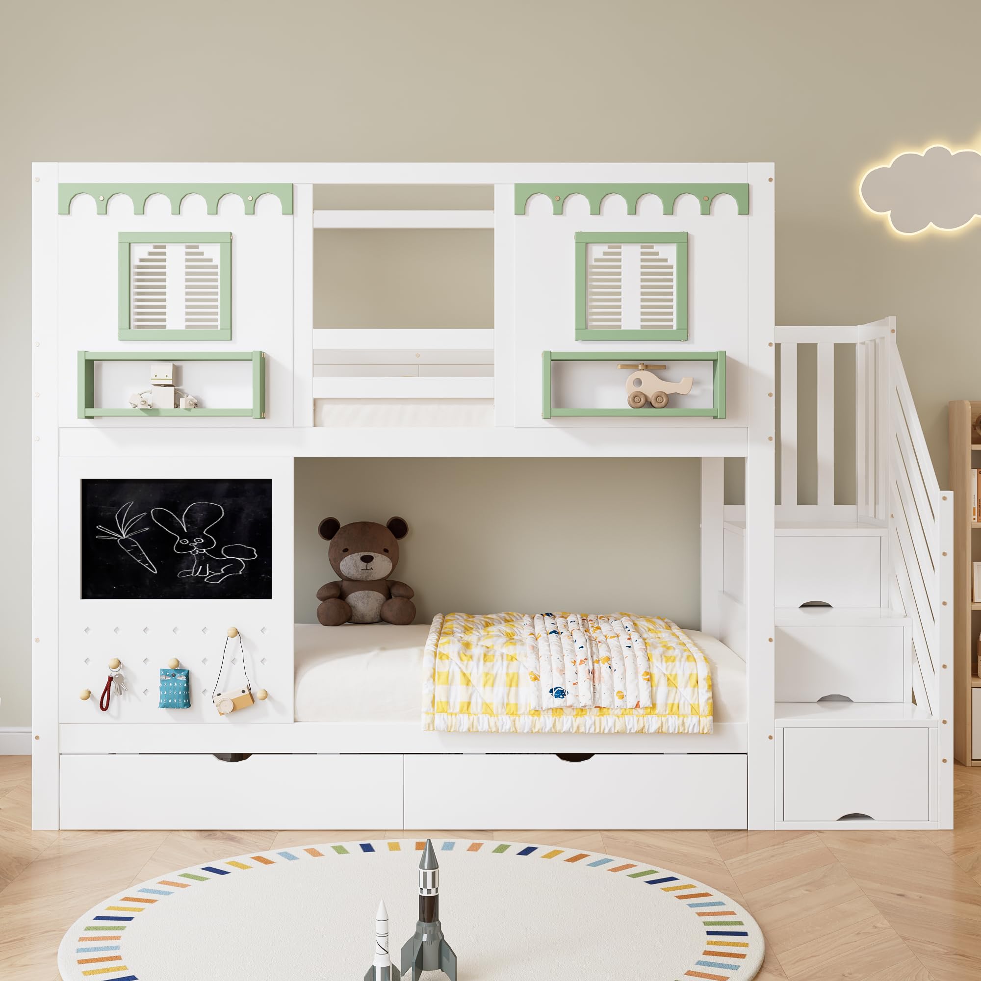 Letto a Castello per Bambini 90x200cm con 2 Cassetti e Scala Portaoggetti, piccola Area Forata + 5 Ganci in legno, Letto a Soppalco, Strutture letto di Pino, Bianco + Verde(Senza Materasso)