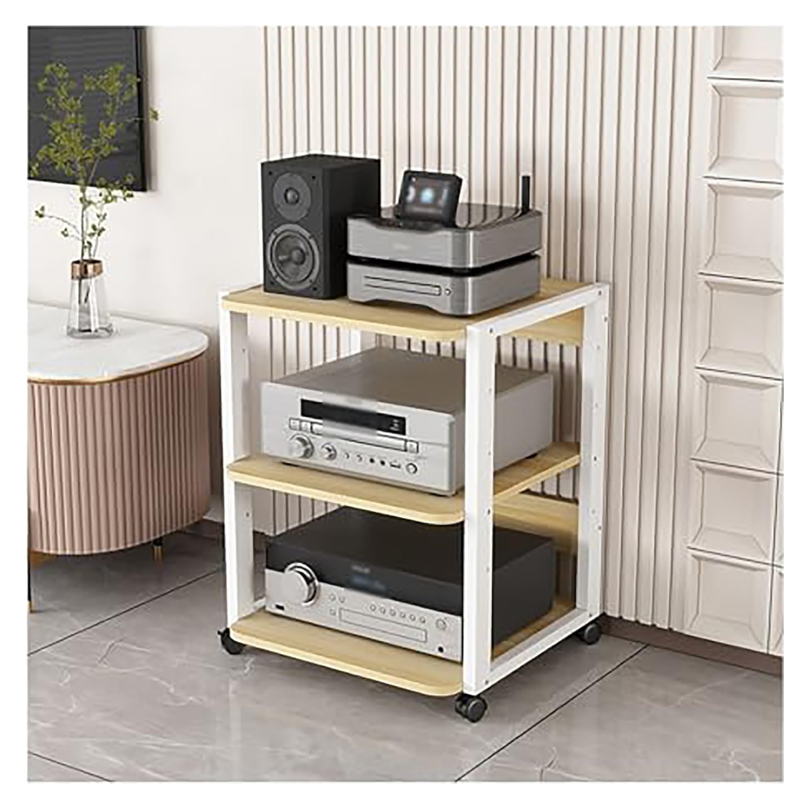 Étagère HiFi réglable jaune à 3 niveaux sur roulettes pour meubles de salon